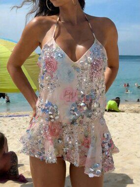 Pink Casual Women's Sequin Floral Spaghetti Strap V-Neck Camisole Tank Top